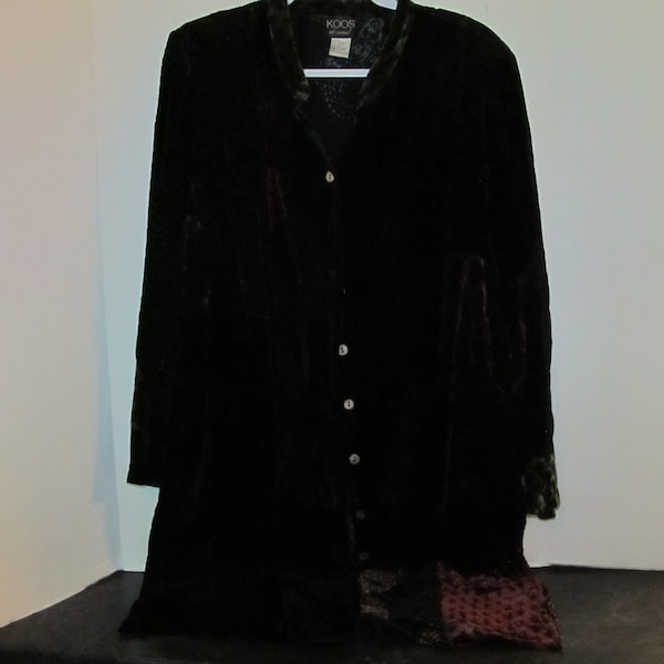 Vintage Koos Of Course Women's Velvet Tunic Button Up Front Duster Dark Red & Black Velvet Burnout Patchwork Blouse   Size Large