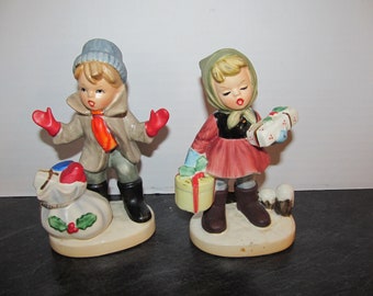 Vintage Pair Napcoware Christmas Figurines / #8637 Little Boy w/ Bag of Toys & Little Girl Carrying Christmas Gifts / 5 1/2" Tall / Japan