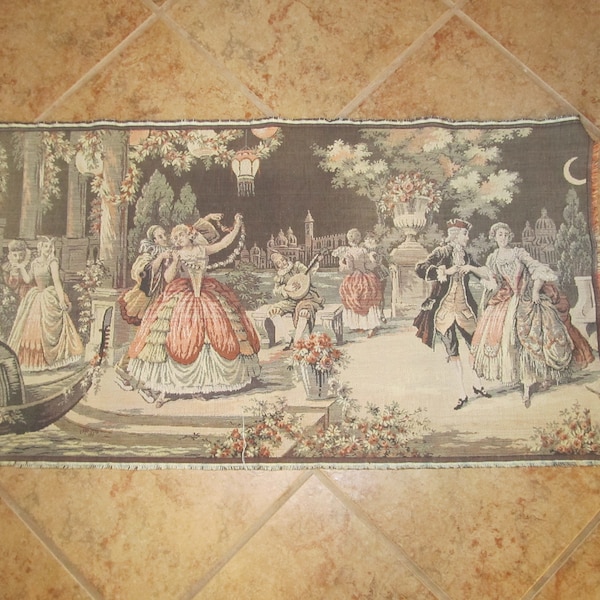 Antique 1920's Belgium Wall Tapestry / Moonlight Serenade / NOT Framed / 18 1/2" Tall 35" Long / Fringed Edges