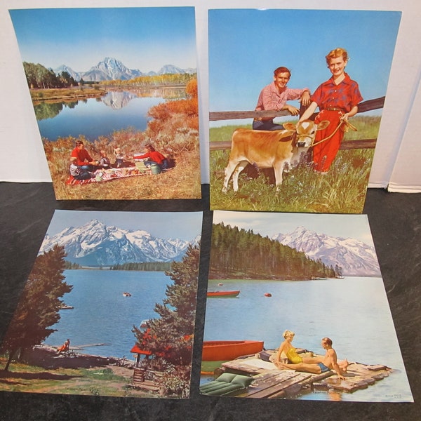 4 Vintage Original Mid Century 8" x 10" Artwork Prints Lithographs Calendar Prints - "KLM" USA -Mirror Lake/ Future Farmers/ Vacation Days