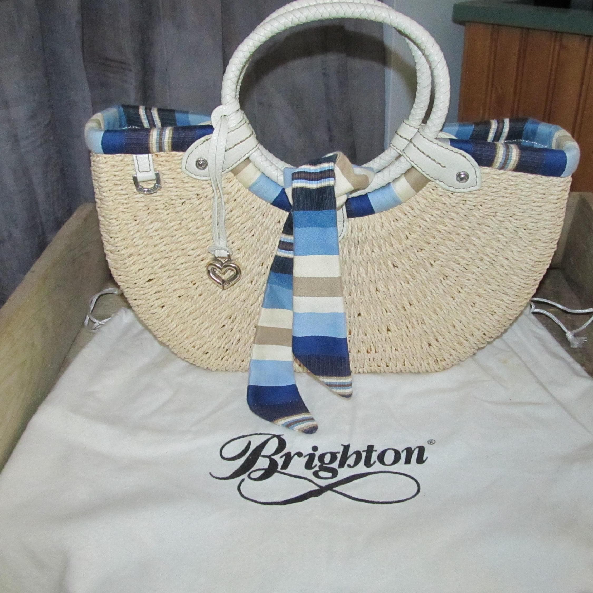 Vintage Brighton White Woven Straw Top Handle Handbag With Blue