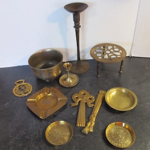 Choice Vintage Brass ~Etched Coasters / Ashtrays / Scottish Thistle Horse Medallion / Candlesticks/Bowl or Planter /Pedestal Plant Stand