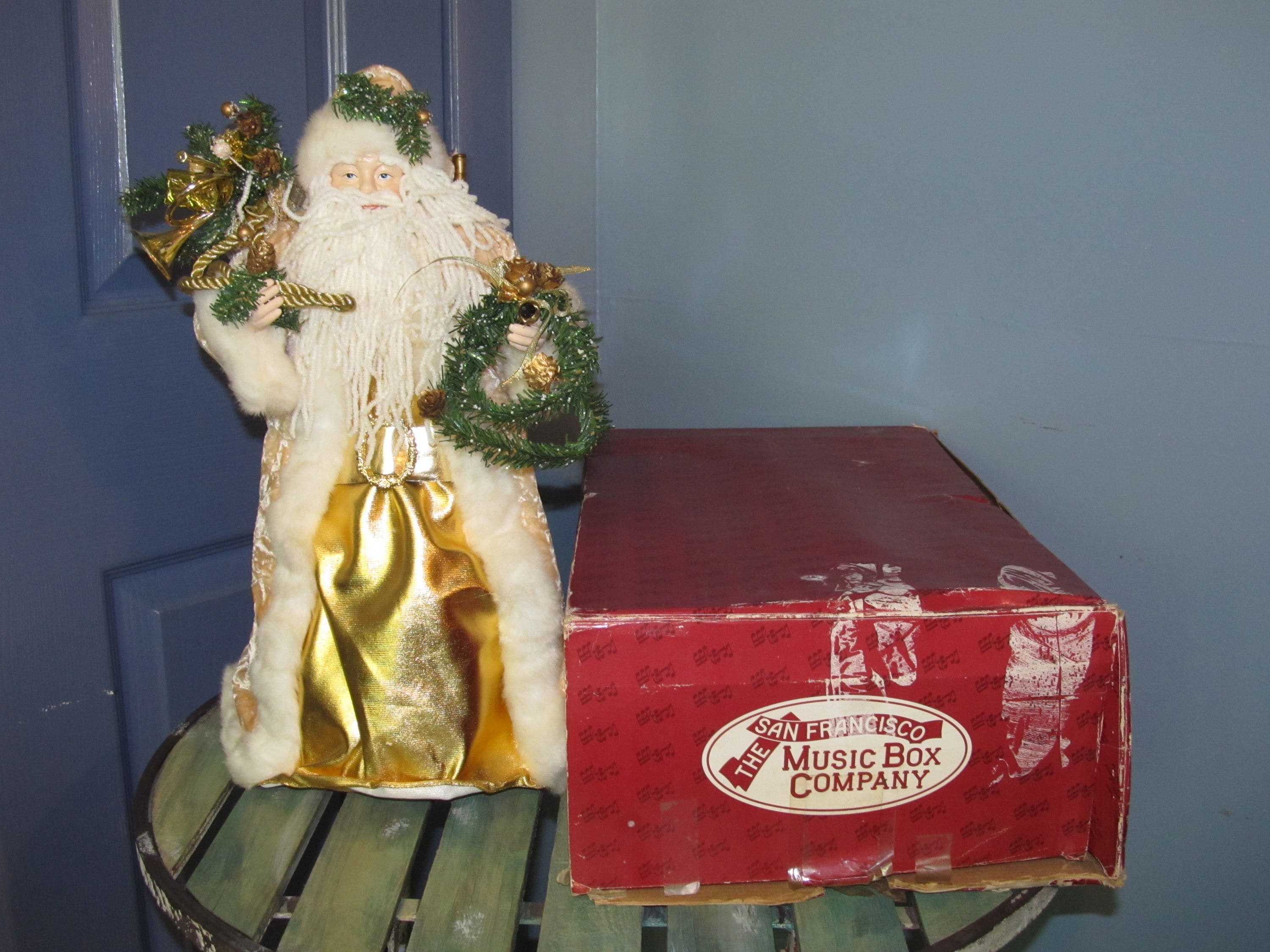 Vintage San Francisco Music Box Company Gold Fabric Santa Etsy