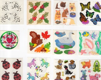 Vintage 80's 90's Sandylion Stickers / 20 Choices / Fuzzy Pearl Opal Prismatic Mylar / Flowers Animals Kids Dogs Deer Cats Unicorns More