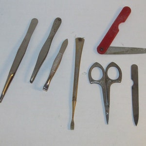 7 Vintage Manicure Tools / Steel Fingernail Files / Tiny Manicure Scissors / 3 Unmarked Pair Various Size Tweezers & Cuticle Pusher
