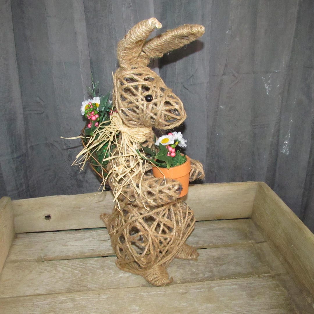 Vintage Metal Wire Jute Rope Bunny Rabbit Holding Terra Cotta Pot W ...