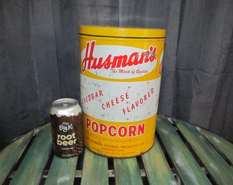 Vintage Husman's Cheddar Cheese Popcorn Tin Can ~ Husman Potato Products Cincinnati Ohio - Cincinnati's First Potato Chip Company