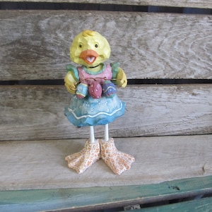 Vintage Midwestern Home Products Bobblehead Faux Wood Resin Easter Chick holding Easter Eggs Figurine