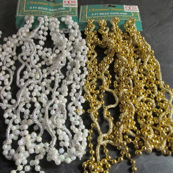 Vintage New Old Stock Christmas Treasures 9 Foot Bead Garland / Choice / White Opalescent OR  Gold