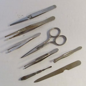 8 Vintage Manicure Tools / Steel Fingernail File / Equity Manicure Scissors / 6 Unmarked Pair Various Size Tweezers 2 1/2" - 5 3/4"