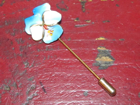 Vintage Hand Painted Blue & Gold Pansy Flower Sti… - image 2