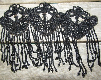 3 Large 5 1/2" Edwardian Antique Jet Black Glass Hand Beaded Mourning Appliques Fringed Lace