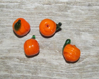 Vintage Orange or Pumpkin Lampwork Glass Beads - Set of 4 ~ Tiny Halloween Fall Pumpkin Beads for Jewelry Accents