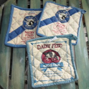 3 Vintage Park Designs Pot Holders - 2 Clarks Brand  & Atkins Farm Dairy Feed Fabric