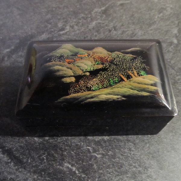 Vintage Hand Painted Black Lacquer Trinket Ring Jewelry Cigarette Box / Asian Trees Mountains Landscape / Small Jewelry Box