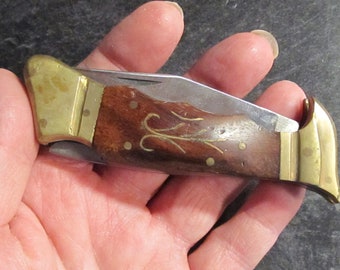 Vintage Brass Inlay Shesham Wood Handled Challenger Pocket Knife / Brass Bolsters / Stainless Steel Blade / Pakistan /4" Closed