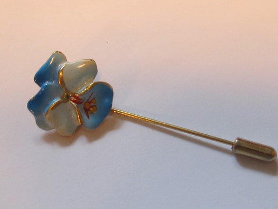 Vintage Hand Painted Blue & Gold Pansy Flower Sti… - image 4