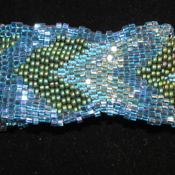 Beautiful Vintage Peacock Colors Micro Beaded Cuff Wide Band Bracelet 7 1/2" Long - Turquoise Greens Blues Bracelet