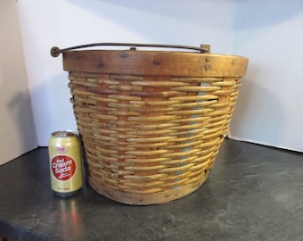 Vintage Splint Oak Orchard Apple Bushel Basket /Gathering Harvest Market Basket /Wood & Metal Swing Handle/ Canvas Lined/ Antique Early Old