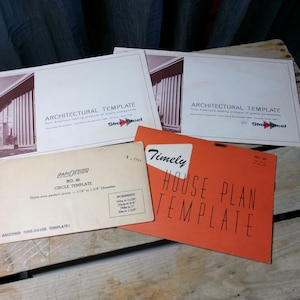 May include: Four vintage architectural drafting templates. Two white Stran-Steel Architectural Template sheets, one beige RapiDesign No. 40 Circle Template, and one orange Timely House Plan Template with black text and graphic details.