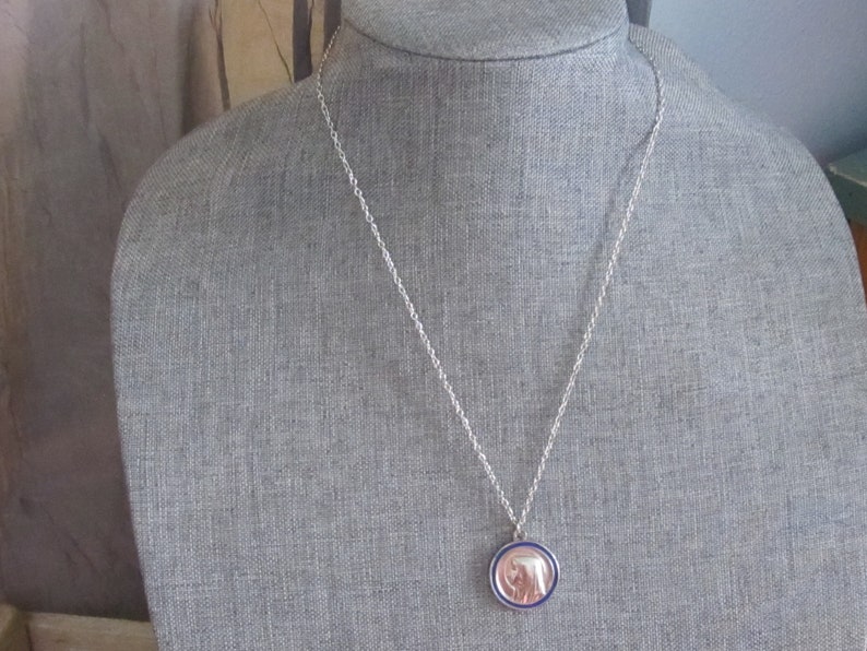 Vintage Our Lady of Lourdes Blue Enamel Medal Pendant on 20" Silvertone ...