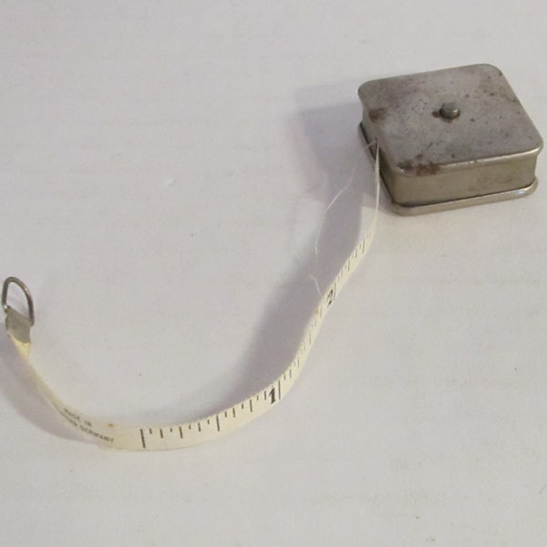 Vintage Stamped Germany West Zone Miniature 1 1/4" Square Metal Pocket Tape Measure / Cloth Measuring Tape / 40" Length / Tested & Working