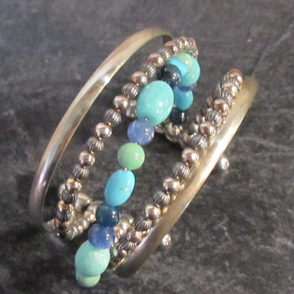 Vintage Carolyn Pollack /Signed 925@CP /  Southwestern Sterling Silver & Turquoise Beaded Cuff Bracelet 42.79 Grams