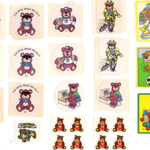 Vintage 1980&#39;s Stickers -BJ Bear Teddy Bear Stickers Assortment Lot # 1 - Cookie Kid- The Devil Made Me Do It-Downhill Skiing - Thank You