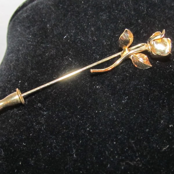 Vintage Signed Monet Delicate Gold Long Stemmed Rose Stickpin Stick Pin Hatpin