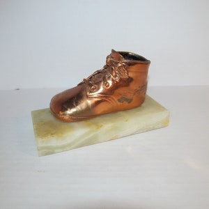 Vintage Copper Bronze Baby Shoe Bootie on White Marble Rectangular Base / Desktop Paperweight MCM