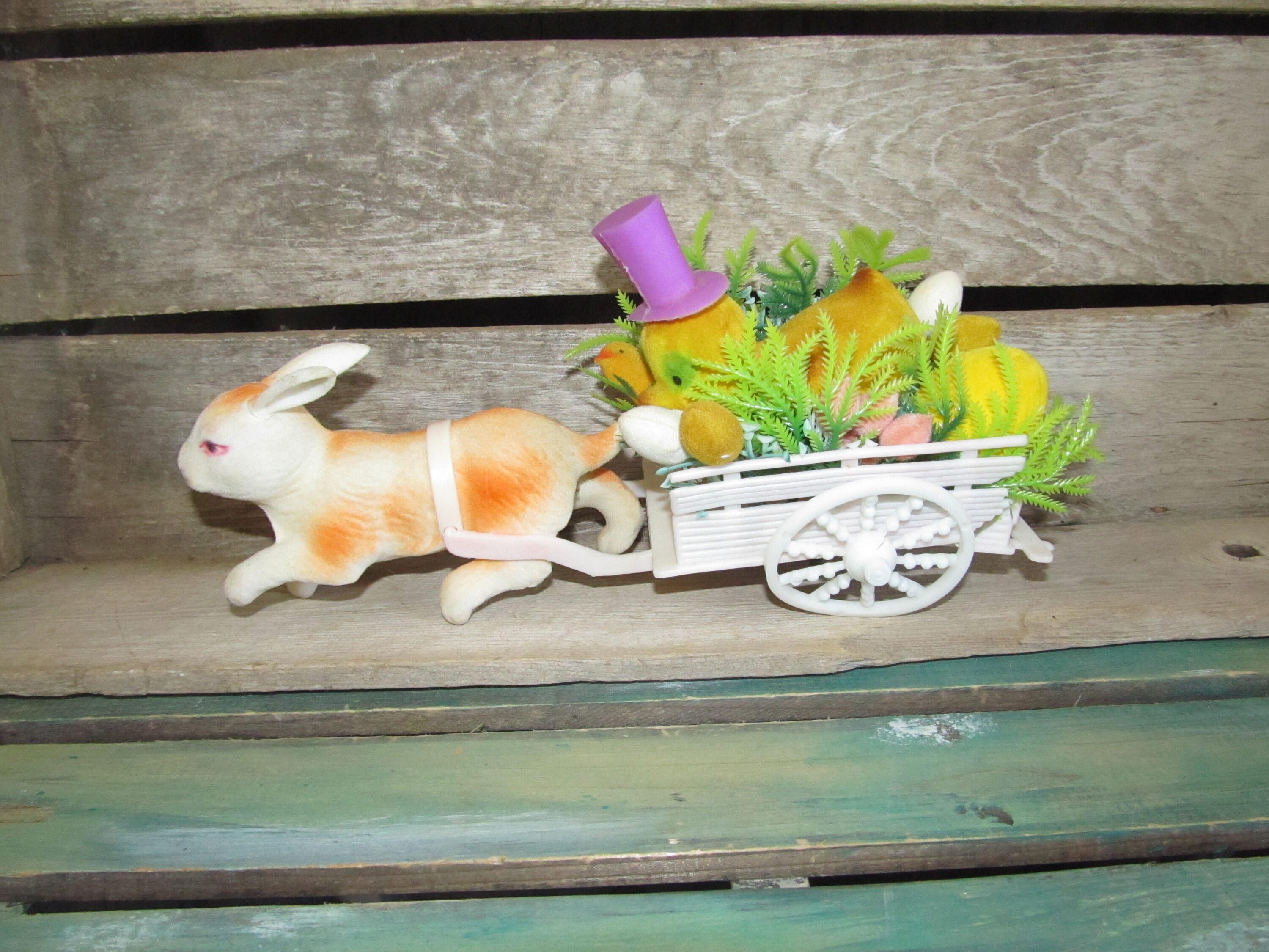Vintage Flocked Bunny Pulling Wagon/cart of Chicks & Flowers
