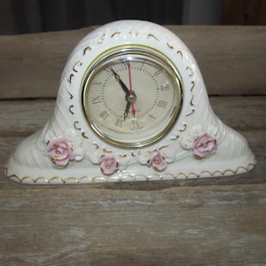 Vintage White Porcelain Mantle Clock with Gold Tipped Pink Porcelain Roses * Parts or Repair Only