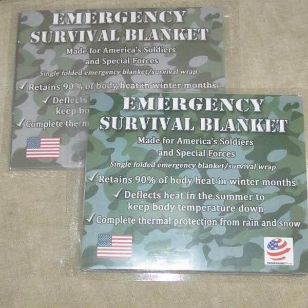 2 Troops Direct Emergency Survival Blankets - NOS - Sealed in Package ~ Retains Body Heat in Winter / Deflect Heat in Summer