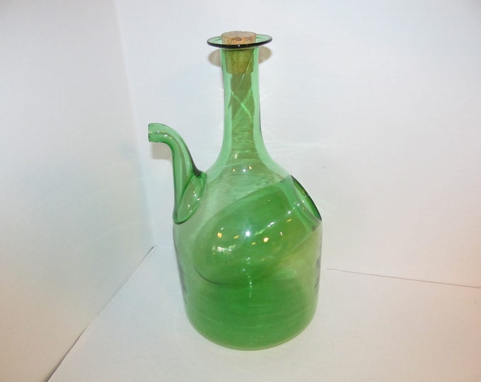 Vintage Italian Wine Decanter 1970s Hand Blown Green Glass Carafe With