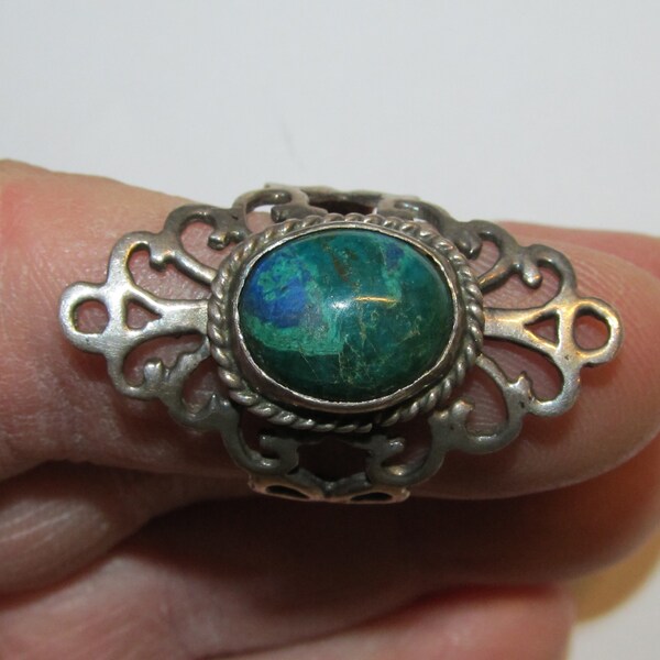 Vintage 925 Sterling Silver Chrysocolla Gemstone Filigree Ring Signed Plata 925 Mexico- 6.50  Grams