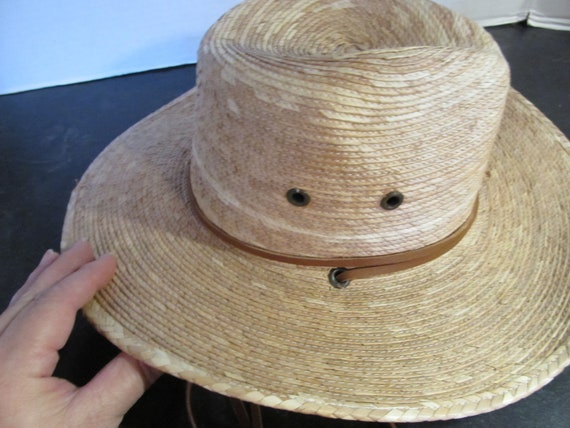 Vintage Islander Sun Hat/ Fishing Hat with Leather Drawstring Men's or Woman's Wide Brim Straw Bucket Hat / One Size