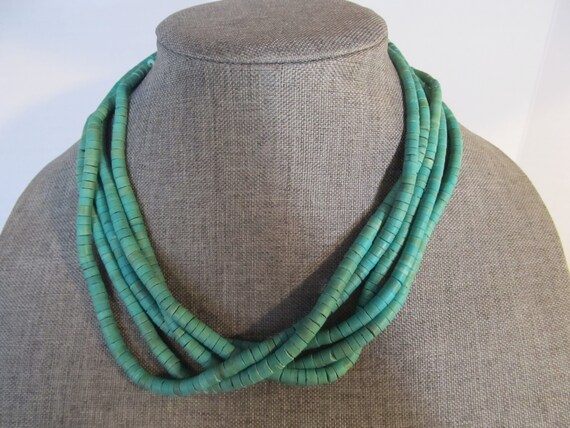 Vintage Teal Multi Strand Wooden Beaded Necklace … - image 6