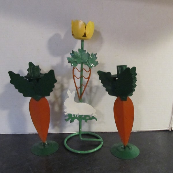 Vintage Easter Decorations / Hand Painted Metal Taper Candle Holders / White Rabbit Tulip Centerpiece 2 Orange Carrot Candle Holders