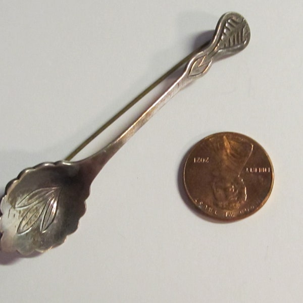 Vintage Sterling Silver Sugar Spoon Brooch / Miniature Sterling Spoon Pin 2 3/4" Long Embossed Leaf Design