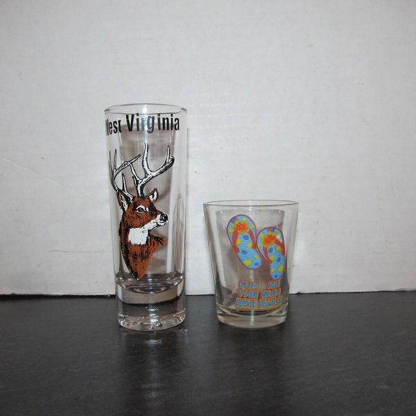 Vintage Souvenir Shot Glass - You Choose - West Virginia Deer Buck Shotglass or Myrtle Beach Fun in the Sun Flipflops Shotglass