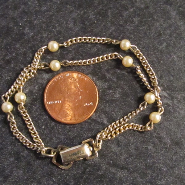 Vintage Tiny Doll Sized Bracelet - Faux Pearl Double Strand Gold Tone Chain Bracelet with Buckle Clasp 5 3/4" Length