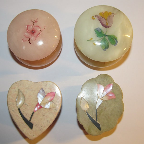 Vintage Miniature Trinket Ring Boxes / Choice / Alabaster Pink Blush or Opal White / Carved Inlaid Soapstone Heart or Scalloped Oval