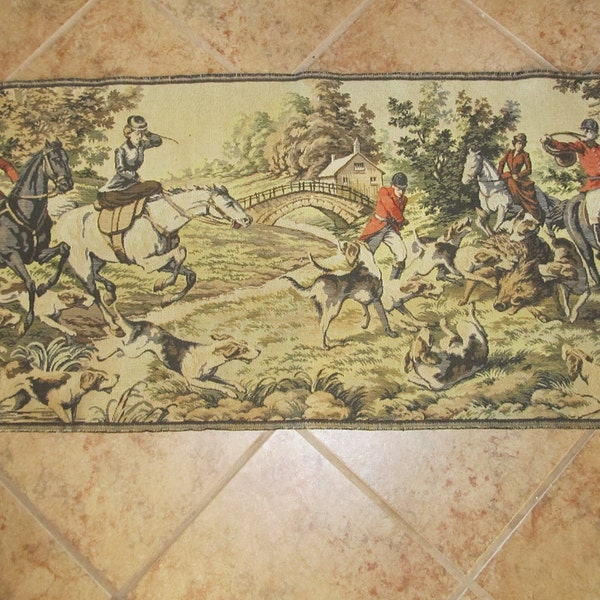 Antique 1920's Belgium Wall Tapestry Wall Panel / English Hunting Dogs Horse Wild Boar / NOT Framed /19" Tall 48" Long / Fringed Edges