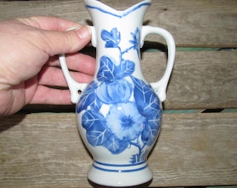 Vintage Blue & White Floral Double Handle Ceramic Flower Vase 7" Tall