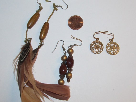 3 Pair Dangle Drop Gold & Brown Fishhook Earrings / Gold Filigree  Medallions / Gold Polished Chocolate Brown Stones / Boho Leather Feathers 