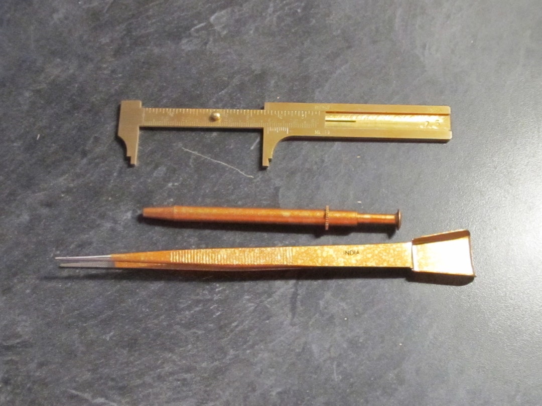 3 Jewelry Gemology Tools Solid Brass Vernier Slide Gauge / Gem Jewel Bead Grabbers Tweezers