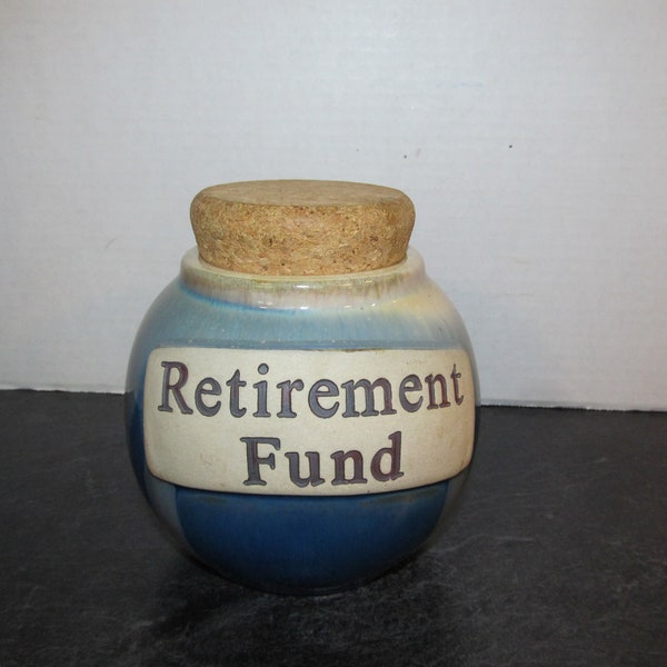 Vintage Unmarked TumbleWeed Pottery "Retirement Fund" Blue Salt Glazed Cork Topped Bank Jar