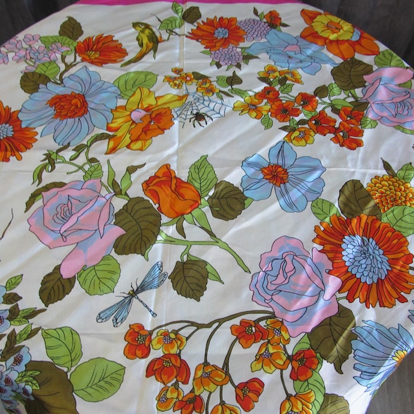 Vintage Italian Botanical Bugs Birds & Blooms Print Pink Border Scarf Scarf Shawl Wrap - 27" x 27" Square Scarf
