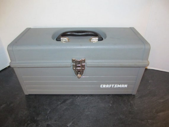 Vintage Craftsman Grey Lockable Plastic Tool Box With Tray 17 Wide 8 Tall 7  1/2 Deep /EUC / Metal Snap With Padlock Loop 