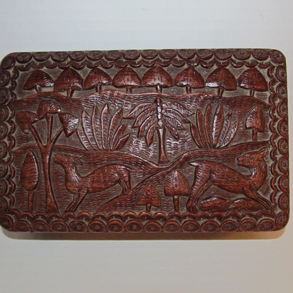 Vintage Hand Carved Walnut Wooden Box / Ornately Adorned with Wild African Dogs & Landscape Carved Wooden Flowers Jewelry Trinket Ring Box